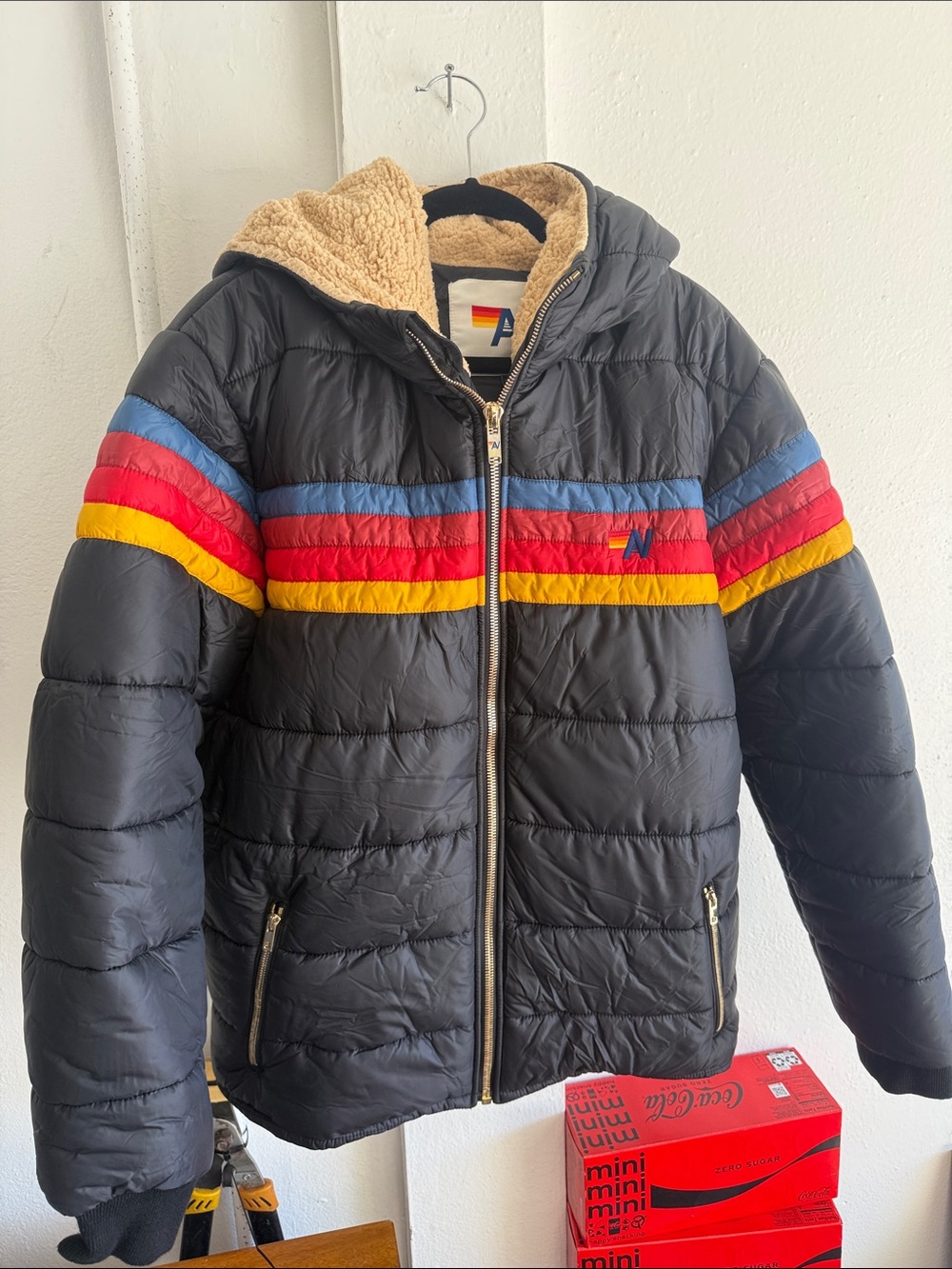 Aviator Nation 4 Stripe Luxe Trekker Puffer Jacket Black
